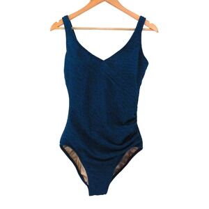 Penbrooke Krinkle Size 14 Teal One-Piece Swimsuit Modest Faux Wrap